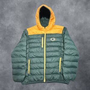 NFL Green Bay Packers Puffer Jacket Mens XL Green Gold Hooded Full Zip Quilted